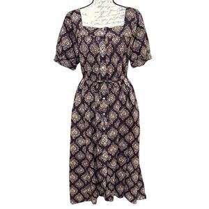 Pure Jill Elements Square Neck Shirt Dress Size S Brown Boho Print Tie Waist EUC